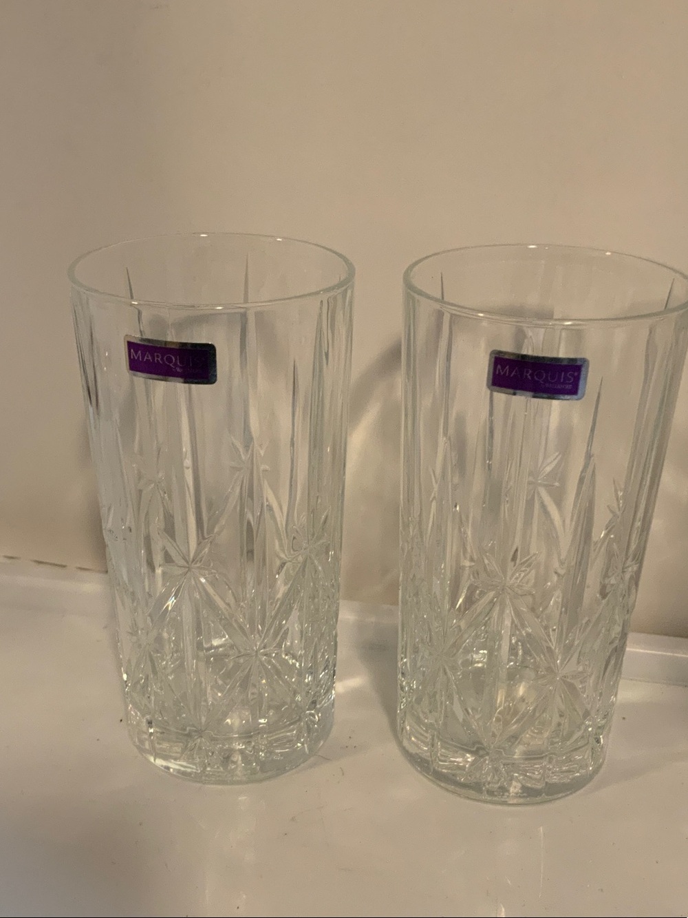 Marquise Clear Cut-Glass Highball Glasses with Purple Label - Set of 2
